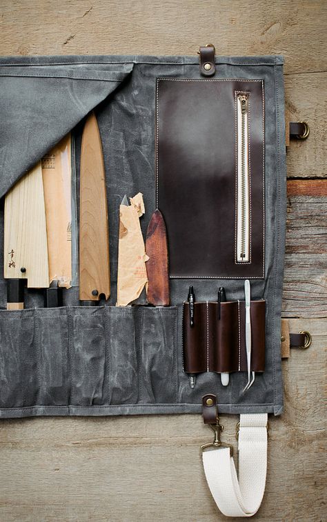 ***Please place your orders by Dec. 5th for guaranteed delivery before Christmas (US orders only)*** ***We can no longer guarantee delivery before Christmas on INTERNATIONAL orders*** The Proper Knife Roll: Truly a Proper knife roll...all the practicality you need, and the looks Chef Knife Case, Tool Roll Bag, Chef Knife Bags, Horween Chromexcel, Knives Kitchen, Knife Bag, Knife Roll, Knife Storage, Tool Roll