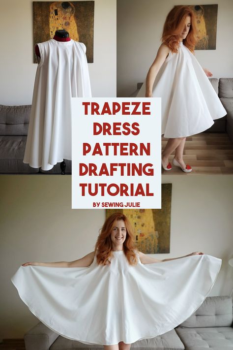 Learn how to draft your own pattern for this Trapeze dress. There are written instructions and a video tutorial on the blog! Trapeze Dress Pattern, Tent Dresses Pattern, I Am The Creator, Pattern Drafting Tutorials, Dress Patterns Diy, Girl Dress Patterns, Dress Tutorials, Tent Dress, Trapeze Dress