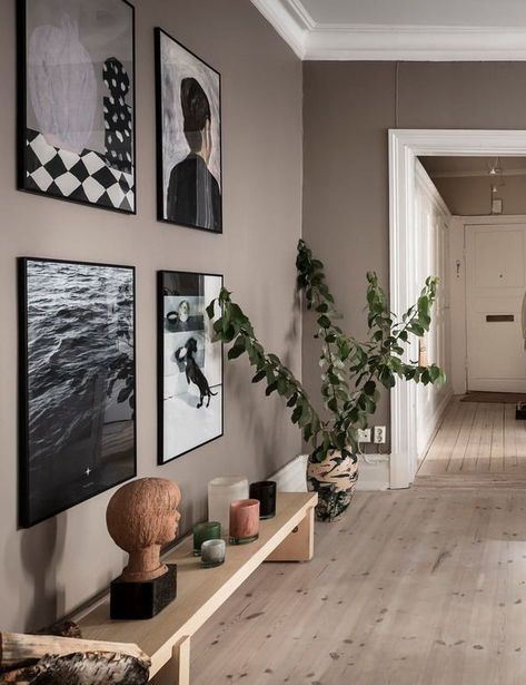 Large Oval Dining Table, Curved Windows, Taupe Living Room, Greige Walls, Living Room Wall Color, Room Wall Colors, Black Living Room, Oval Dining Table, Long Hallway