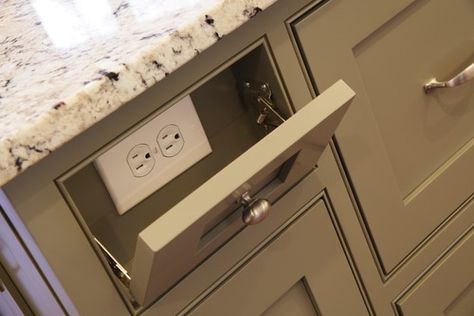 Bathroom Cabinet Electrical Outlet, Hidden Light Switch Ideas, Waterfall Island Power Outlet, Plugs Under Kitchen Cabinets, Waterfall Island Kitchen Outlet, Built In Home Gadgets, Island Outlet Placement, Hidden Kitchen Plugs, Outlets In Pantry