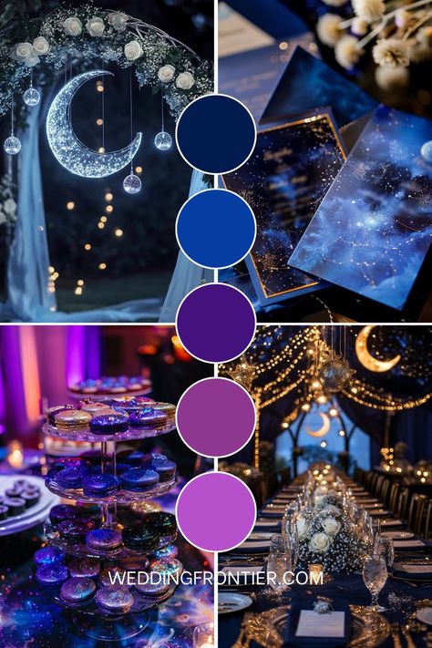 Celestial wedding theme ideas for a mystical, starry ambiance. Galaxy Wedding Reception, Celestial Wedding Color Palette, Sun And Moon Wedding Theme, Velaris Wedding, Purple And Blue Wedding Theme, Astronomy Wedding Theme, Galaxy Wedding Theme, Celestial Color Palette, Galaxy Themed Wedding