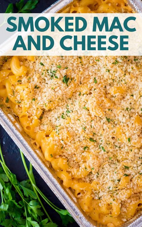 This is the best homemade smoked macaroni and cheese recipe. It's with a creamy cheese sauce and topped with a crunchy panko topping. You can make this mac and cheese on the pit boss, traeger, or any pellet grill or electric smoker. Mac And Cheese On Traeger, Macaroni And Cheese On The Grill, Mac And Cheese Recipe For Smoker, Pit Boss Mac And Cheese, Smoker Mac N Cheese Recipes, Pellet Smoker Potato Recipes, Smokehouse Mac And Cheese, Pellet Grill Mac And Cheese, Traeger Smoked Mac And Cheese