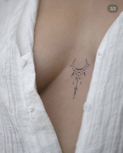 Energy Tattoo Spirituality Universe, Tattoo Between Boop Simple, Tiny Sternum Tattoo Women, Around Belly Button Tattoos For Women, Sternum Moon Tattoo, Minimalist Sternum Tattoo Women, Tattoo Between Breast Simple, Moon Chest Tattoo Female, Women’s Sternum Tattoo