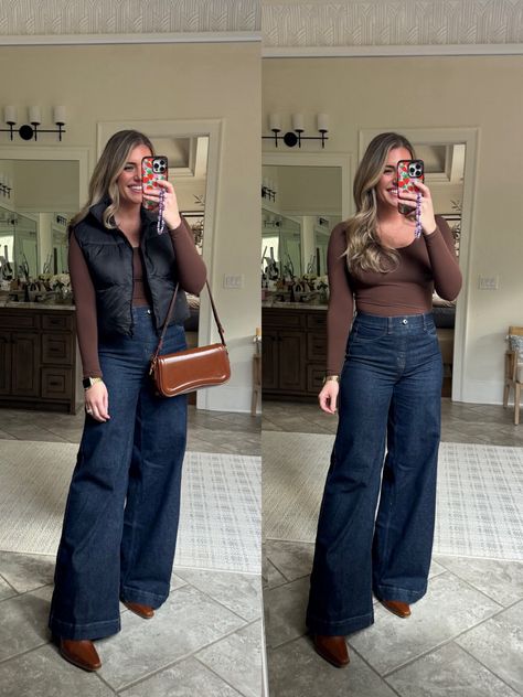 Wide Leg Jeans, Raw Indigo curated on LTK Dark Indigo Jeans Outfit, Dark Blue Wide Leg Jeans Outfit, Dark Wide Leg Jeans Outfit, Wide Leg Trousers Outfit Work, Trousers Outfit Work, Birkenstock Clog Outfit, Ootd Pose, Birkenstock Boston Outfit, Blundstone Style