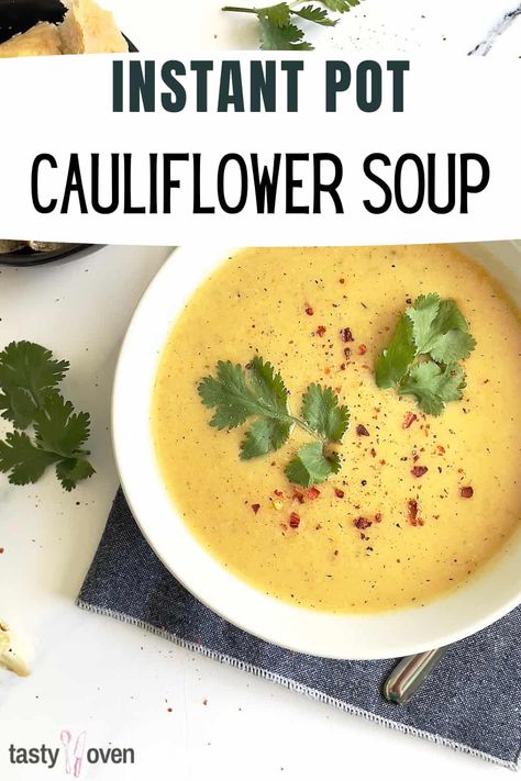 Instant Pot Cauliflower Soup is a vegetarian creamy soup loaded with healthy and simple ingredients. Made with just a few pantry staples that come together to create a mouthwatering flavor profile. Vegan Soup Instant Pot, Instant Pot Cauliflower Soup, Instant Pot Soup Recipe, Cream Of Cauliflower Soup, Cream Of Cauliflower, Instant Pot Cauliflower, Turmeric Cauliflower, Vegan Instant Pot, Soup Instant Pot