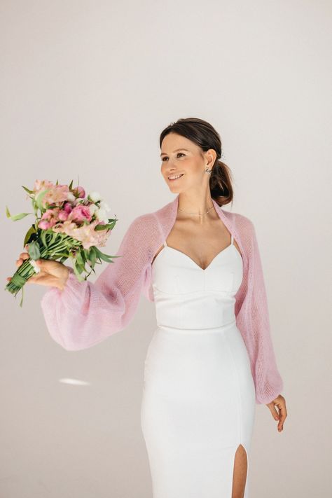 "Wedding bolero mohair silk jacket Bridal Cover Up . One of the beautiful and popular additions to a festive or wedding look is a mohair silk bolero, especially if the celebration is scheduled for the cool season. Mohair bolero will most favorably emphasize your outfit, creating a stylish and warm look. This mohair cover up bolero has long sleeves for your comfort. The sleeve cuffs have a special elastic band to give the sleeve a beautiful, soft and voluminous shape. The wedding jacket bolero ma Wedding Dress Jacket Cover Up Long Sleeve, Wedding Shrugs And Wraps, Gown Cover Up, Bolero Over Dress, Bolero And Dress Outfit, Bridesmaid Cover Up, Bolero Wedding Cover Up, Wedding Guest Cardigan, Dresses With Shrugs Outfit