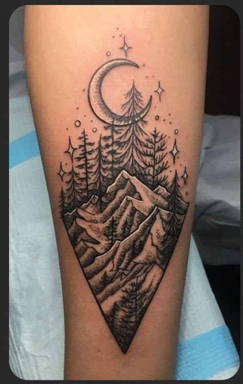 Trees And Mountains Tattoo Forearm, Womens Outdoor Tattoo, Triangle Tattoo Sleeve, Mountain And Flower Tattoo Forearm, Outdoorsy Couple Tattoos, Unique Nature Tattoos For Women, Forearm Nature Tattoos For Women, Mandala Mountain Tattoo, Outdoor Tattoos Women