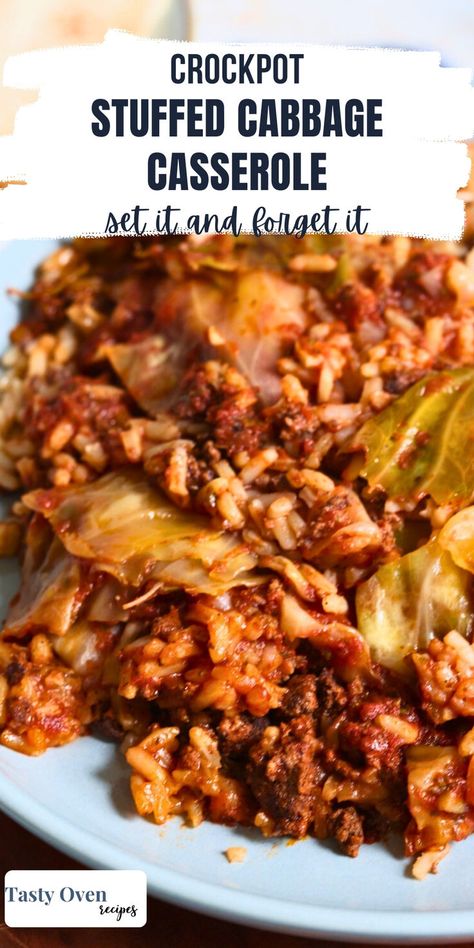 This is a fantastic flavorful set it and forget it crockpot dinner! It takes stuffed cabbage rolls, unstuffs them and turns them into an unstuffed cabbage casserole! Slow Cooker Cabbage Roll Casserole, Lazy Cabbage Rolls Slow Cooker, Cabbage Roll Casserole Crockpot, Lazy Man Cabbage Rolls Casseroles, Cabbage Casserole Crockpot, Cabbage Casseroles, Unstuffed Cabbage Roll Casserole, Unstuffed Cabbage Casserole, Deconstructed Cabbage Rolls