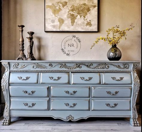 Custom Blue Dresser | General Finishes Design Center Gray Gel Stain, Singer Sewing Tables, Entry Cabinet, Molding Ideas, Campervan Ideas, Flexible Molding, General Finishes Milk Paint, Paint Couture, Healing Prayer