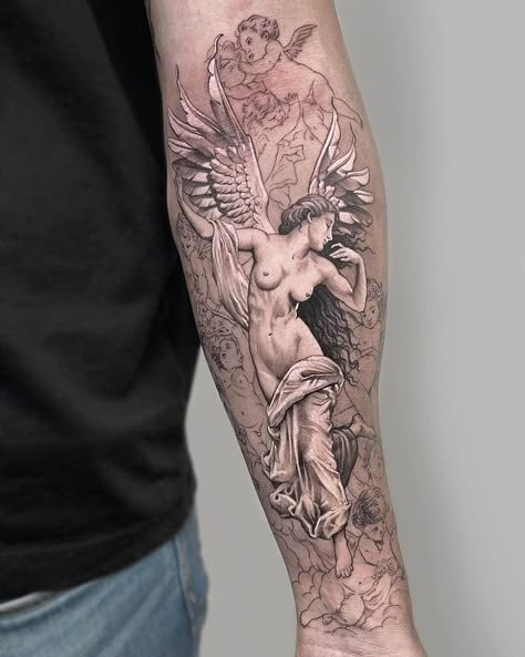 Thigh Tattoos For Women, Tattoo Arm Sleeve, Forearm Cover Up Tattoos, Venus Tattoo, Statue Tattoo, Greek Mythology Tattoos, Underboob Tattoo, Goddess Tattoo, Angel Tattoo Designs