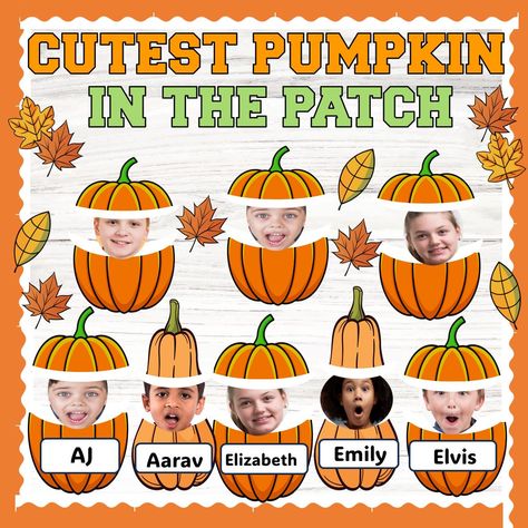 Are you looking for cute and interesting ideas for a fall Pumpkin bulletin board? For educators teaching kindergarten and pre-K, our "Cutest Pumpkin in the Patch" template is just perfect. Your students will love this festive fall vibe that includes pumpkins, leaves, and other fall-themed templates. It's simple to alter the design to match the theme of your classroom and incorporate your unique style. Get it today to make a lovely and instructive display for your classroom this autumn. Use this Pumpkin Door Ideas For Classroom, Cutest Pumpkins In The Patch Bulletin, Pumpkin Patch Bulletin Board, Pumpkin Bulletin Board, Pumpkins Preschool, October Bulletin Boards, Kindergarten Bulletin Boards, October Classroom, Thanksgiving Bulletin Boards