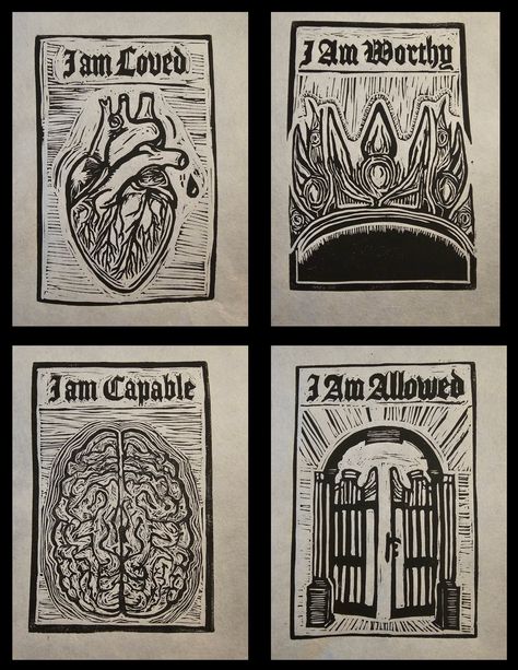 "This is four prints, one of each of a series of affirmation linocut prints. These prints can be purchased individually (links below), but this listing is for all four together at a discounted price. The four prints are:  - An anatomical brain with the words \"I am Capable\" above it - An anatomical heart with the words \"I am Loved\" above it - An open gate with the words \"I am Allowed\" above it - A crown with the words \"I am Worthy\" above it I originally made these for my wife as an anniversary gift. It was her idea to share them with others who may also want to have positive, self-love messaging in a more gothic style. The designs are 4\" x 6\" and the size of the entire provided prints are 5\" x 7\".  These are printed on unbleached Thai Mulberry block printing paper with black pri Linoleum Print Shirt, Punk Linocut, Lino Print Ideas, Linocut Tarot, Punk Lino Print, Queer Linocut, Anatomical Brain, Open Gate, I Am Capable