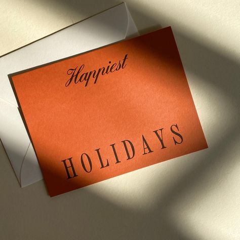 A2 Folded 4.25" L × 5.5" W "Happiest Holidays" Rust Cover Stock Letterpress Natural Envelope Blank interior Available as a Single Card or Set of 6 Made in Santa Barbara Holiday Packaging Design, Blank Card Design, Typography Christmas Card, Letterpress Holiday Cards, Holiday Card Inspiration, Christmas Stationary, Letterpress Christmas, Holiday Logo, Corporate Holiday Cards