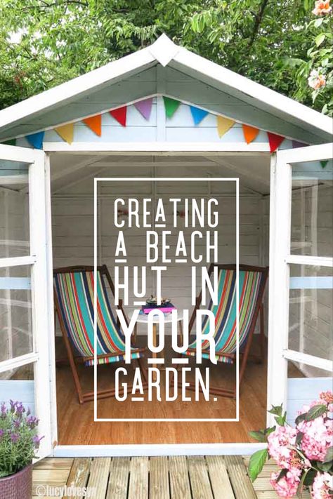 If you love the seaside then why not create a beach hut in your garden. You can turn your shed in to a coastal hideaway with colours and stripes deckchairs - just add flowers and you have a pretty hut to enjoy in the summer Garden Hut Ideas Outdoor, Beach Hut Shed Ideas, Beach Shed Ideas, Beach Hut Ideas, Beach Huts Uk, Beach Hut Shed, Beach Hut Interior, Small Summer House, Hut Ideas