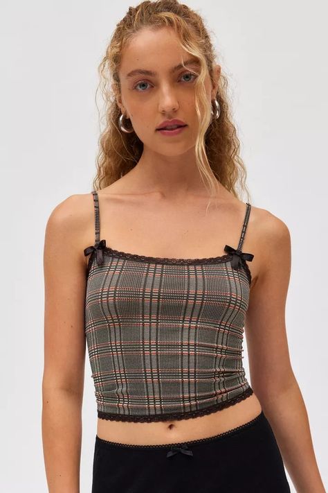 Out From Under Margaret Plaid Seamless Knit Cami | Urban Outfitters Lace Trim Tank Top, Brown Fits, Women Men Shoes, Plaid Print, Scoop Neckline, Women's Intimates, Labour Day, Lace Trim, Spaghetti Strap