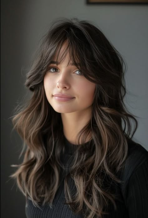 Bangs Wavy Hair, Hair Inspiration Long, 사진 촬영 포즈, Haircuts For Wavy Hair, Long Hair With Bangs, Long Layered Hair, Haircuts For Long Hair, Long Wavy Hair, Curtain Bangs