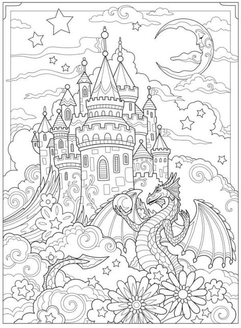 Kid Printables, Castle Coloring Page, Coloring Stuff, Coloring Pages For Grown Ups, Adult Coloring Books Printables, Adult Colouring Printables, Color Sheets, Dragon Coloring Page, Adult Coloring Designs