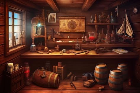 Pirate Cabin Bedroom, Pirate Ship Kitchen, Pirate Ship Interior Design, Fantasy Ship Interior, Pirate Props Concept Art, Pirate Ship Cabin, Pirate Dock, Pirate Ship Interior, Pirate Cabin