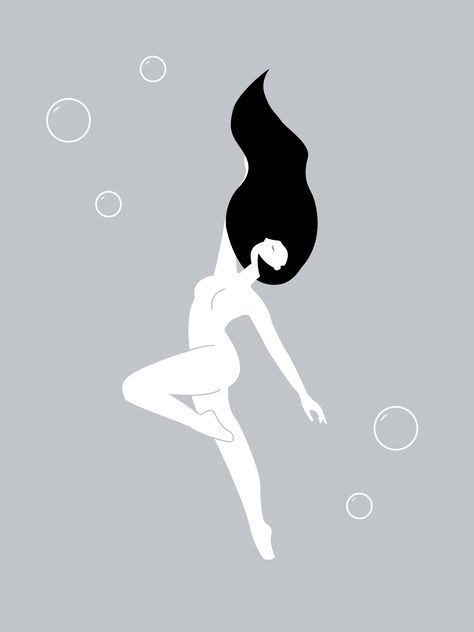 Woman Floating Art, Swimming Woman Illustration, Underwater Line Art, Floating Woman Drawing, Floating Body Drawing, Floating Woman Reference, Floating Hair Drawing Reference, Floating Drawing, Floating Woman