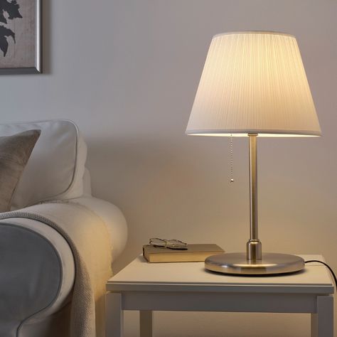 MYRHULT / KRYSSMAST Table lamp with LED bulb, white, nickel plated - IKEA Lamp Shade Frame, Decorative Light Bulbs, Decorative Table Lamps, Table Lamp Base, Ikea Family, Fabric Lampshade, Bedside Table Lamps, Bedside Lamp, Diffused Light