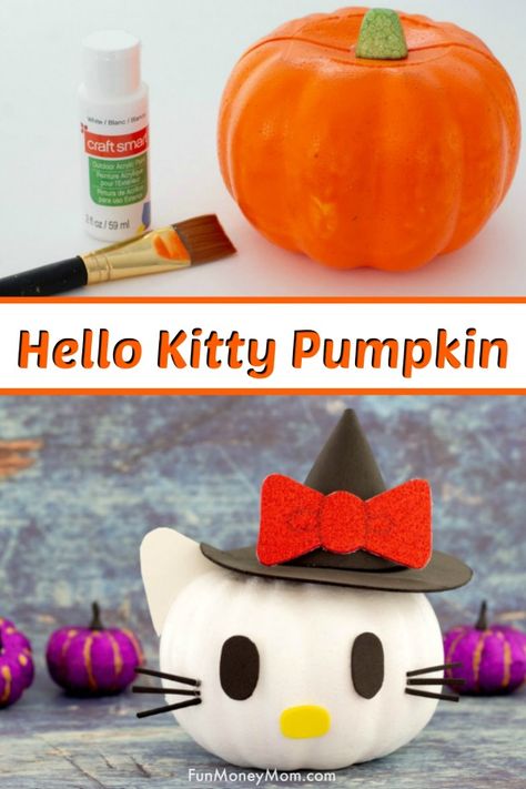 Hello Kitty Pumpkin - Looking for cute no carve pumpkin ideas? The kids will love making this fun Hello Kitty Pumpkin! It's easy to make and costs next to nothing to make this fun Halloween craft! #Halloweencraft #halloween #nocarvepumpkin #pumpkins #pumpkindecorating #fall #fallcraft #pumpkincraft #halloweenpumpkin Cute Pumpkin Painting Ideas, Easy Pumpkin Decorating, Book Character Pumpkins, No Carve Pumpkin, Kitty Pumpkin, Hello Kitty Pumpkin, Character Pumpkins, Halloween School Treats, Pumpkin Books