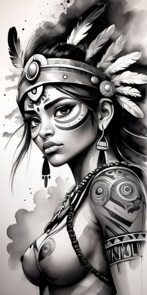 Woman Warrior Tattoo Design, Warrior Girl Drawing, Indian Warrior Art, Woman Warrior Tattoo, Aztec Art Tattoo, Harley Quinn Tattoo Ideas, Warrior Tattoo Design, Indian Women Tattoo, Aztec Warrior Tattoo