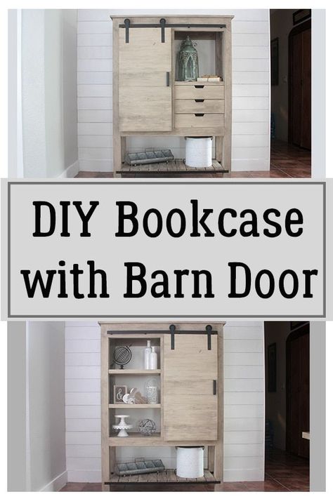 This unique but beautiful bookcase with barn door is so cool how it has shelves, drawers, and a barn door to cover the side you don't want to have to see! Such a statement piece for home decor, books, clothing, or anything you need to store! Customize this DIY bookshelf to match your living room furniture, and bedroom furniture, or use it in a dining room! Barn Door Bookcase, Diy Bookcase, Home Decor Books, Rental Home Decor, Diy Bookshelf, Bookcase Diy, Decor Books, Crate Shelves, Diy Barn Door