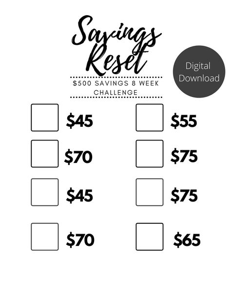 Reset your finances with a quick 8 week $500 savings challenge. PDF downloaded right to your phone and available to you to start your financial reset. 8 Week Savings Challenge, Money Saving Challenge Biweekly Low Income, 500 Savings Challenge, 500 Saving Challenge, Savings Chart, Saving Money Chart, Money Chart, Money Saving Methods, Money Saving Techniques