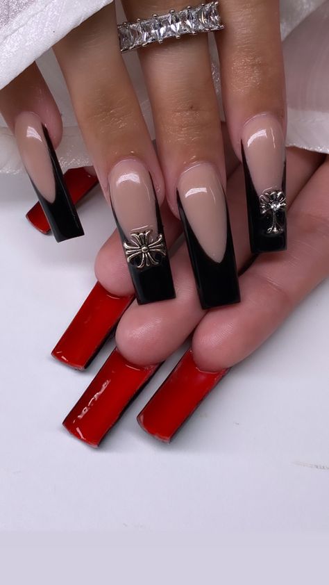 Black Frenchies Nails Long, Black French Red Bottom Nails, Black French Tip Nails Square With Charms, Black Acrylic Nails With Cross Charm, Black French With Red Bottoms, French Tip Nails Red And Black, Black Sets Nails, Black French Tips Red Bottoms, Black French Tip Nails Charms