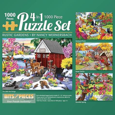 Amazon.com: Bits and Pieces - 4-in-1 Multi-Pack - 1000 Piece Jigsaw Puzzles for Adults-Each Measures 20" x 27" (51cm x 69cm)-Rustic Garden by Artist Nancy Wernersbach : Toys & Games Jigsaw Puzzles For Adults, 300 Pieces Jigsaw Puzzle, Large Puzzle Pieces, Backyard Picnic, 300 Piece Puzzles, Going Postal, Puzzles For Adults, Jigsaws, 500 Piece Jigsaw Puzzles