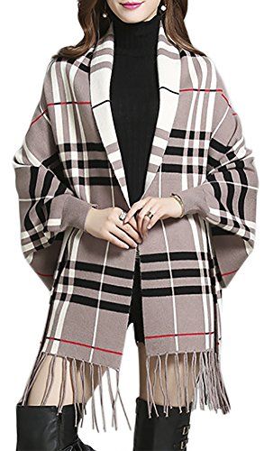 QZUnique Women's Soft Checked Tartan Shawl Cape Cardigan Wrap Poncho with Fringe Trims Poncho Fashion, Tartan Shawl, Rare Clothing, Trims Fashion, Unique Sweaters, Knitted Cape, Casual Outerwear, Easy Trendy Outfits, Wrap Cardigan