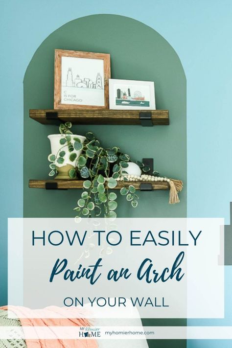 Painted Arch Floating Shelves, Painted Wall With Shelves, Painted Arch With Floating Shelves, How To Draw An Arch On Wall, Painted Arch With Shelves, Diy Painted Arch On Wall, Painted Arch Entryway, Painting Arch On Wall, Painting Arches On Wall