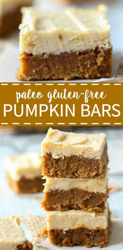 Paleo bars filled with pumpkin and spice! These little squares of heaven taste just like pumpkin pie! And they’re paleo:) Which means they’re gluten-free, refined sugar free and dairy free. They taste like fall in a bite and are topped with a light maple frosting you will be drooling over. #paleo #pumpkin #bars #healthy #thanksgiving #dessert #frosting #glutenfree #dairyfree #RecipesPaleo Fall Dessert Recipes Healthy, Paleo Pumpkin Bars, Gluten Free Pumpkin Bars, Healthy Fall Desserts, Paleo Bars, Weight Watcher Desserts, Maple Frosting, Pumpkin Spice Recipe, Postre Keto