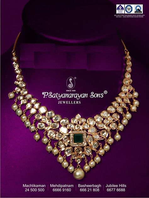 Indian Jewellery and Clothing: Uncut diamond diamond necklace with pearl drops from P.Satyanarayan sons jewellers.. Diamond Jewellery Designs, Uncut Diamond Necklace, Diamond Necklace Indian, Indian Diamond Jewellery, Necklace With Pearl, Designer Diamond Jewellery, Gold Jewelry Simple Necklace, Gold Necklace Indian Bridal Jewelry, Gold Bride Jewelry