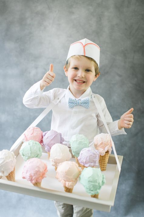 Ice cream man: http://www.stylemepretty.com/living/2015/10/01/diy-halloween-costume-ice-cream-man/ | Photography: Ruth Eileen - http://rutheileenphotography.com/ Ice Cream Man Costume, Ice Cream Costume, Childrens Halloween Costumes, Creative Halloween Costumes Diy, Halloween Ice Cream, Ice Cream Man, Ice Cream Birthday Party, Diy Halloween Costumes For Kids, Diy Ice Cream