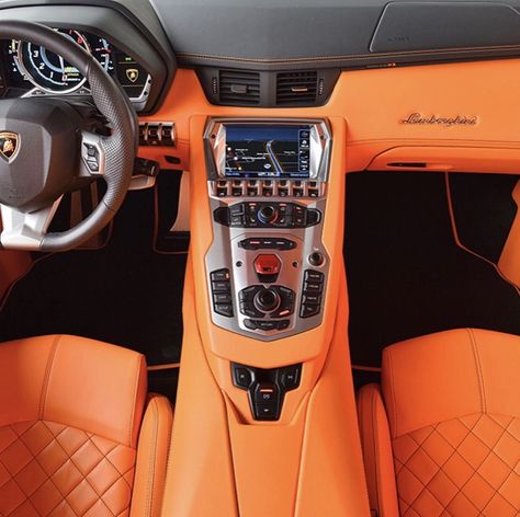 An Orange leather interior from a Lamborghini Aventador painted in Grigio Adamas   Photo taken by: @tedskillet on Instagram (He is also the owner of the car) Lamborghini Aventador Interior, Ferrari Interior, Orange Cars, Lamborghini Interior, Orange Car, Fast Sports Cars, Luxury Car Interior, Cool Car Drawings, Showroom Interior Design