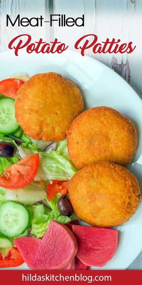 These meat-filled potato patties are known as "Potato Chop" in the Middle East. Perfectly spiced meat is enclosed in a crispy potato crust. A perfect hand-held snack, or a quick little lunch. #potatochop #Potatopatties #friedpotatoes #potatorecipes #potatochoprecipe #friedpotatopatties #Assyrianrecipes #hildaskitchenblog Potato Chop, Assyrian Recipes, Chaldean Recipe, Iraqi Cuisine, Potato Crust, Potato Patties, Potato Flakes, Party Appetizers Easy, Ethnic Food