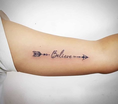 Arrow Tattoo Believe Believe Arrow Tattoo, Arrow Memorial Tattoo, Believer Tattoo Men, Still I Rise Arrow Tattoo, Meaning Of Arrow Tattoos For Women, Arrow Tattoos For Women Meaning, Arrow Tattoos Meaning, Arrow Tattoo Designs For Women, Arrow Hand Tattoo