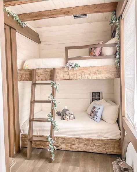 Bambi Bedroom Ideas, Bambi Room Decor, Kids Room With Bunk Beds Bedroom Ideas, Bambi Bedroom, Bunk Bed Rooms Decor, Farmhouse Kids Bedroom, Rustic Bunk Beds, Lake Bedroom, Bunk Bed Ideas