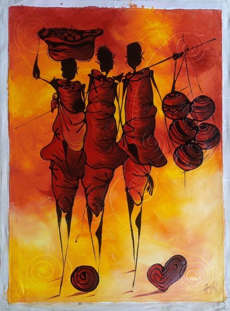 Family Oil Painting, Africa Painting, Art Deco Paintings, Let's Make Art, African Artwork, African Women Art, African Paintings, Art Deco Illustration, African Art Paintings