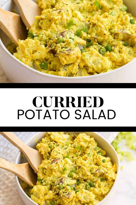 Curried Potato Salad - Packed full of YUM! Dress up potato salad with a pinch of curry powder to impress your friends and family at your next potluck or BBQ. Curried Potato Salad, Asian Potatoes, Potato Salad With Apples, Simply Stacie, Vegan Potato Salads, Potato Salad Recipe, Potato Curry, Salad With Sweet Potato, Yummy Salad Recipes