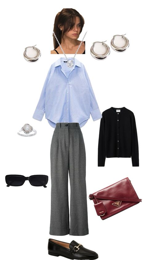 It's an outfit idea for work with grey trousers, blue shirt, and burgundy Prada bag Trouser Gray Outfit, How To Style Blue Shirt Women, How To Style Grey Pants Work Outfits, Light Gray Dress Pants Outfit, Blue Collar Shirt Women Outfit, Blue Tailored Pants Outfit, Grey Dress Pants Women Outfit, Gray Trousers Outfit Women Work, How To Style Grey Trousers