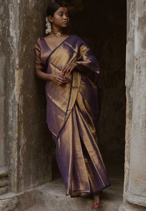 Handloom Tissue Shimmer Saree in Bronze : SEG91 Shimmer Saree, Tissue Saree, Drape Saree, Back Neck Designs, Saree Border, Utsav Fashion, Traditional Fabric, Unique Charms, Neck Designs