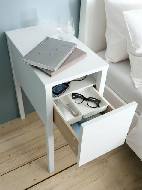 IKEA Fan Favorite: NORDLI night stand. Inside this nightstand, you can store an outlet for your phone and hide the cord in one of the legs. Nordli Ikea, Ikea Fans, Bedside Table Ikea, Ikea Nordli, Grand Dressing, Coffee Table With Storage, My New Room, Apartment Living, New Room