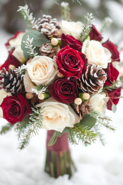 Winter wedding bouquets embody the season's serene elegance with rich, deep hues. Click here for more ideas. Wedding Ideas Christmas Theme, December Wedding Ideas On A Budget, Christmas Wedding Bouquet Poinsettia, Rustic Christmas Wedding Bouquet, Christmas Bridal Bouquet Cascading, Wedding Bouquets Bride Winter, Christmas Wedding Picture Ideas, Winter Wedding Bouquets Bride, Rustic Winter Wedding Bouquet