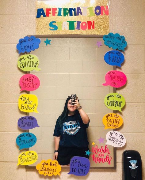 Chalked By Caitlyn on Instagram: “Remember when I created this Affirmation Station in the speech room at Sweeny Elementary last year? Well today it was featured on…” Counseling Posters, Affirmation Station, Teacher Craft, Speech Room, School Signs, An Exercise, Words Of Affirmation, You Are Amazing, Remember When