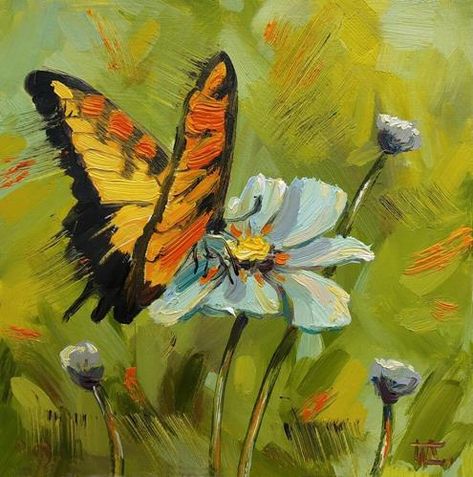 Daily Paintworks - "Butterfly" - Original Fine Art for Sale - © Dasha Piven Butterfly In Garden Painting, Oil Paint Butterfly, Butterfly Garden Painting, Silly Paintings, Butterfly Painting Easy, Oil Painting Butterfly, Insects Painting, Heat Lightning, Butterfly Oil Painting