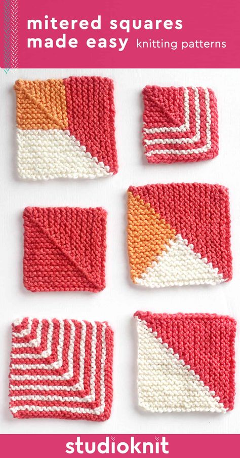 This Mitered Square Knitting Ultimate Guide delves into the easiest techniques, colorwork choices, and project design inspiration. These squares are knitted while working from the outside edges towards the center, decreasing stitches to create a neat, symmetrical pattern. The techniques are simple, they knit up quickly, and the design possibilities are endless. Discover the shape and texture of different mitered squares, how to design your own projects, and get tips on sewing the squares together. You'll also receive free written knitting pattern instructions for making solid squares and multi-colored blocks. I hope you're inspired to knit stacks of adorable mitered squares, too! How To Knit A Mitered Square, Knit Squares Pattern Free, Knitting Squares Pattern Free, Knit Squares Blanket, Knit Blanket Squares, Mitered Square Knitting, Knit Squares, Knitted Squares Pattern, Patchwork Knitting