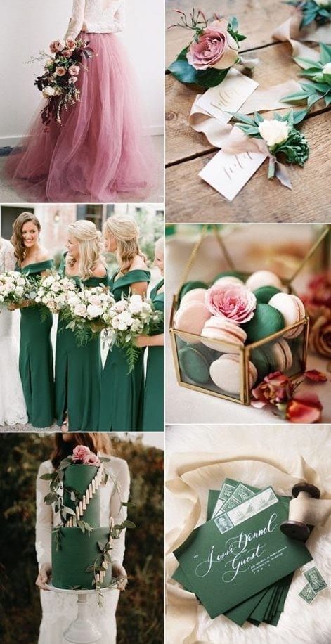 10 Fresh Fall Wedding Color Schemes Dusty Rose Fall Wedding, Rose Fall Wedding, Emerald Wedding Colors, Fall Wedding Color Ideas, Bright Wedding Colors, Wedding Color Palettes, Wedding Color Combinations, Pink Wedding Colors, Emerald Green Weddings