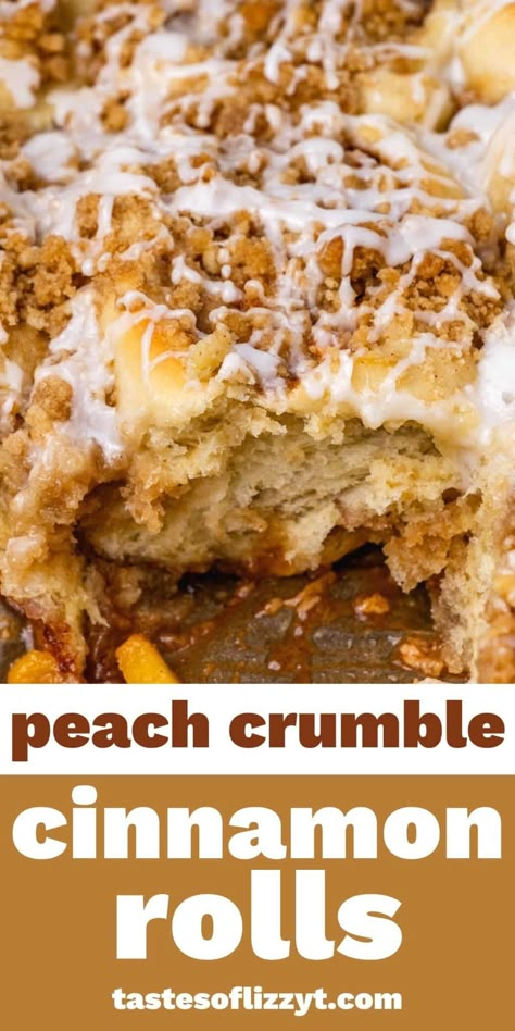 Peach crumble cinnamon rolls are sure to become a breakfast favorite. They’re made with fresh peaches, a streusel topping and glaze. Peach Cinnamon Rolls, Sweet Roll Recipe, Peach Crumble, Fresh Peaches, Breakfast Pastries, Peach Recipe, Cinnamon Rolls Recipe, Streusel Topping, Sweet Roll